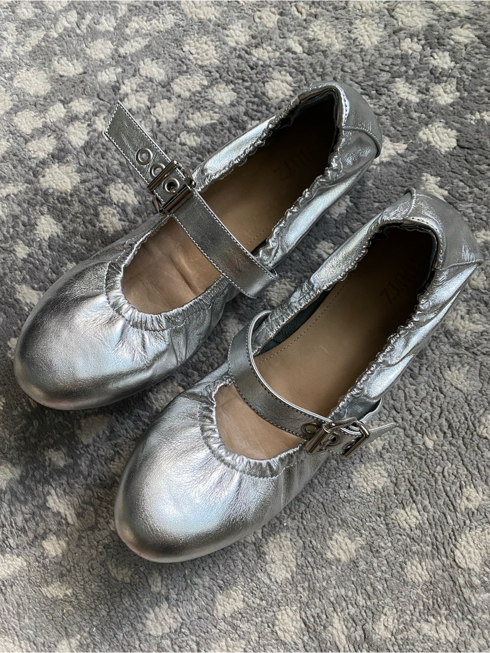 SCHUTZ Silver Metallic Mary Jane Ballet Flats with Buckle Strap